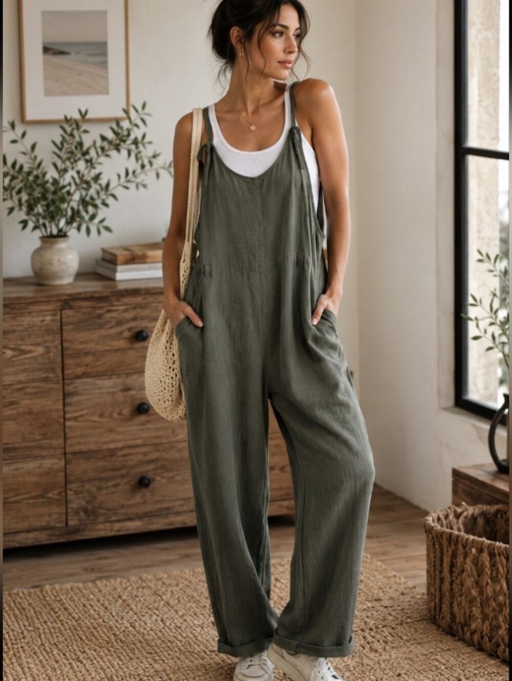 Universal Thread Boho Army Green Wide Leg Linen Lounge Jumpsuit XL